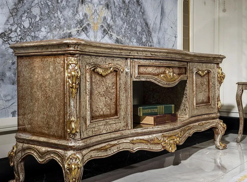 Casa Padrino Luxus Barock TV Schrank Antik Silber / Braun / Gold - Prunkvolles Wohnzimmer Sideboard mit 2 Türen und Schublade - Barock Wohnzimmer Möbel