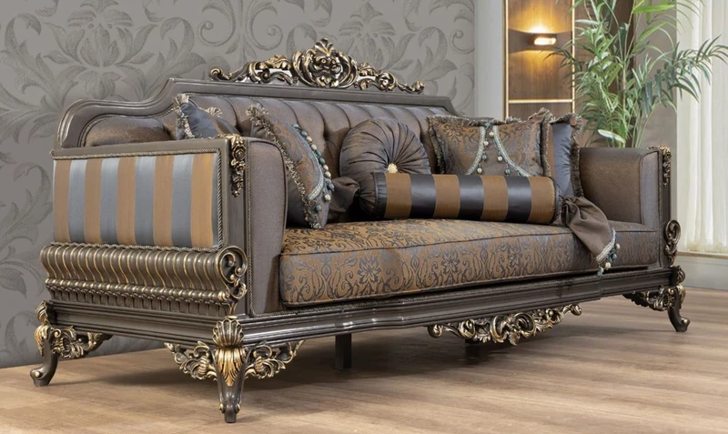 Casa Padrino Luxus Barock Sofa Blau / Grau / Gold 235 x 93 x H. 115 cm - Prunkvolles handgefertigtes Wohnzimmer Sofa mit dekorativen Kissen - Barock Wohnzimmer Möbel