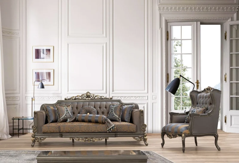 Casa Padrino Luxus Barock Sofa Blau / Grau / Gold 235 x 93 x H. 115 cm - Prunkvolles handgefertigtes Wohnzimmer Sofa mit dekorativen Kissen - Barock Wohnzimmer Möbel