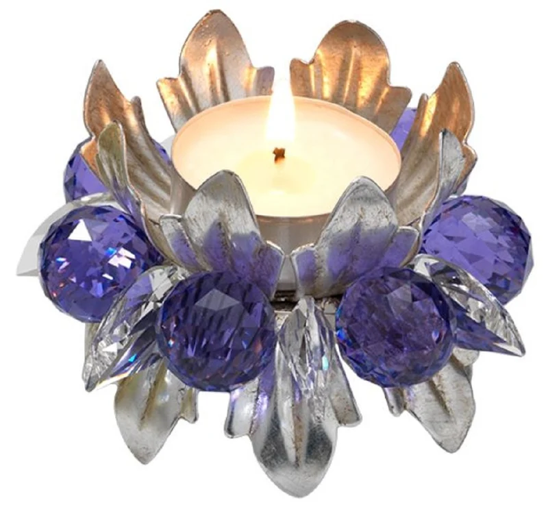 Casa Padrino Luxus Teelichthalter mit Swarovski Kristallglas Silber / Violett Ø 9 x H. 6 cm - Luxus Wohnzimmer Deko Accessoires