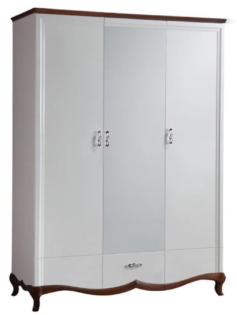 Casa Padrino Luxus Jugendstil Schlafzimmerschrank Hochglanz Weiß / Braun 164,2 x 62,5 x H. 209,5 cm - Verspiegelter Massivholz Kleiderschrank mit 3 Türen und Schublade - Schlafzimmer Möbel