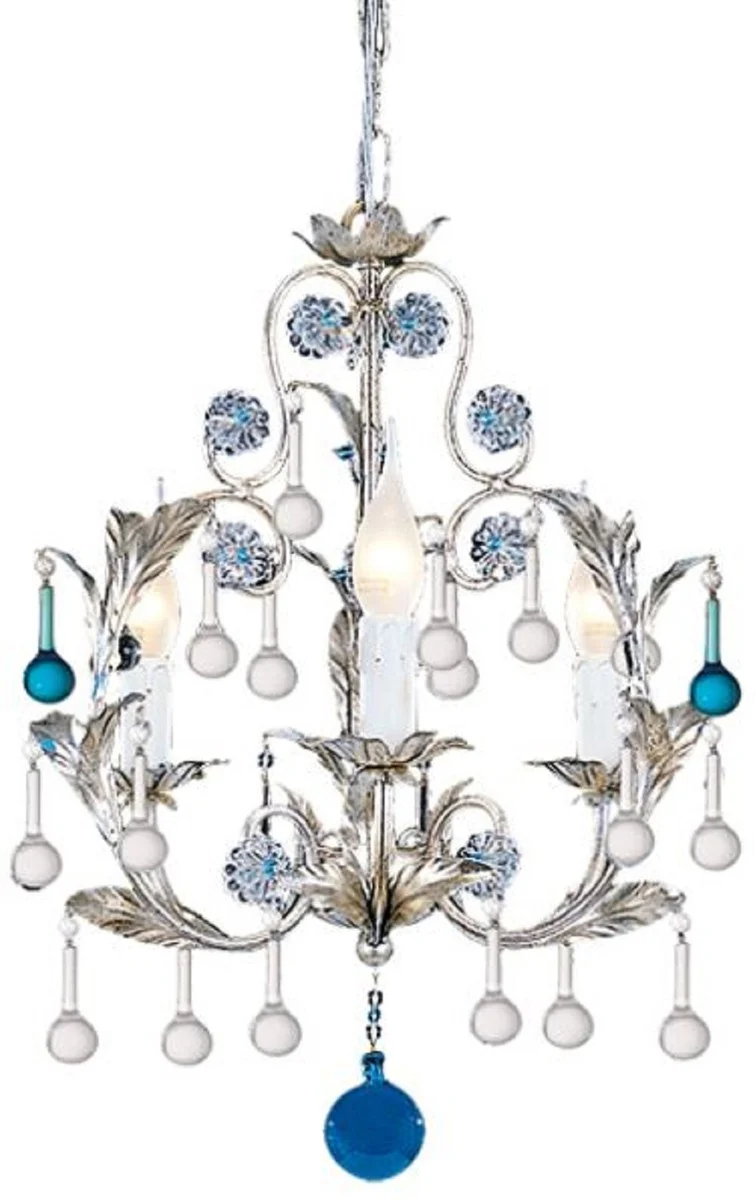 Casa Padrino Luxus Barock Kronleuchter Silber / Blau Ø 39 x H. 50 cm - Prunkvoller Kronleuchter mit Murano Glas - Luxus Qualität