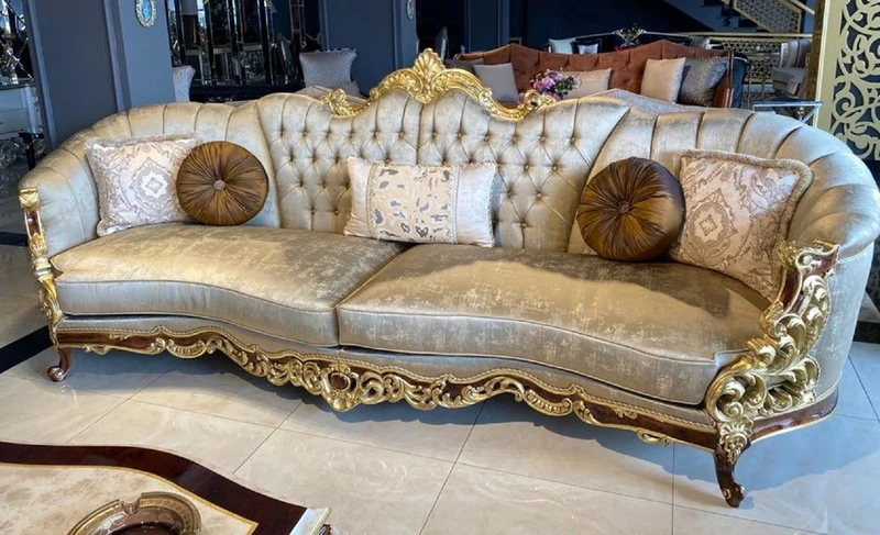 Casa Padrino Luxus Barock Wohnzimmer Set Silber / Braun / Gold - 2 Sofas & 2 Sessel & 1 Couchtisch & 2 Beistelltische - Handgefertigte Wohnzimmer Möbel im Barockstil - Edel & Prunkvoll