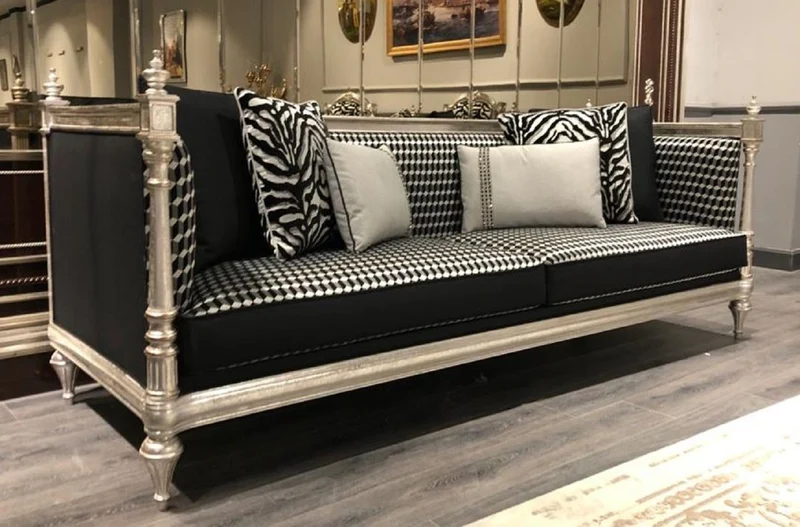 Casa Padrino Luxus Barock Sofa Schwarz / Silber / Antik Silber - Wohnzimmer Sofa mit elegantem Muster - Edel & Prunkvoll