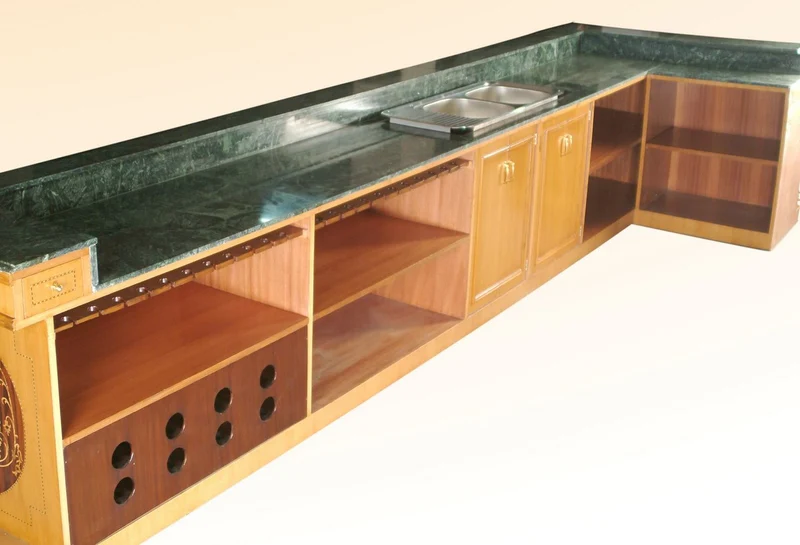 Casa Padrino Luxus Massivholz Bar mit Marmorplatte und Doppelwaschbecken Hellbraun / Braun / Grün 515,6 x H. 223,5 cm - Bar Möbel im Retro Stil
