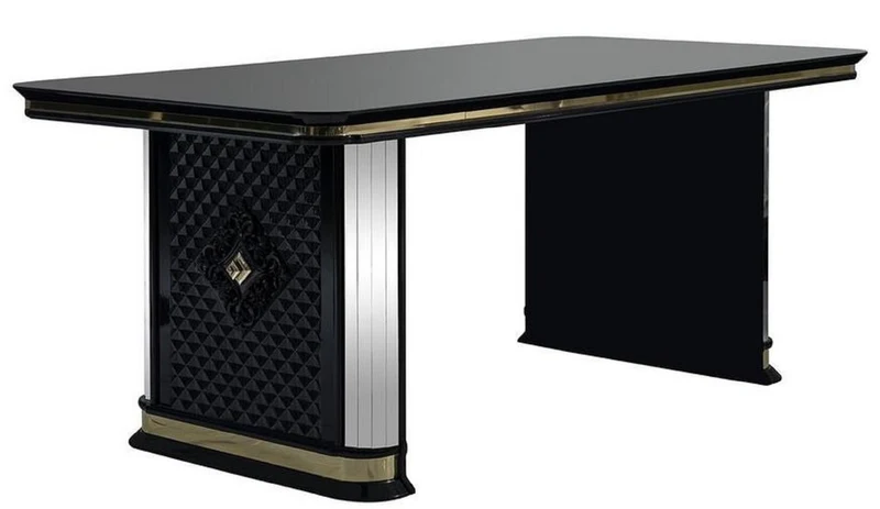 Casa Padrino Luxus Art Deco Esstisch Schwarz / Gold - Handgefertigter Massivholz Küchentisch mit Spiegelglas - Art Deco Esszimmer Möbel