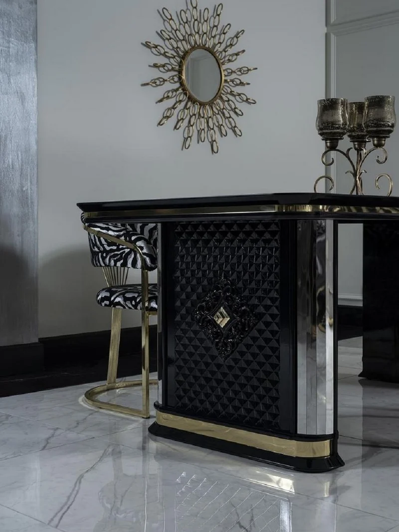 Casa Padrino Luxus Art Deco Esstisch Schwarz / Gold - Handgefertigter Massivholz Küchentisch mit Spiegelglas - Art Deco Esszimmer Möbel