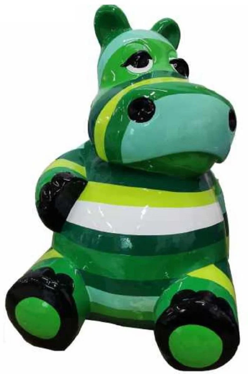 Casa Padrino Designer Deko Skulptur Sitzendes Nilpferd Grün / Mehrfarbig H. 48 cm - Wetterbeständige Dekofigur - Wohnzimmer Deko - Garten Deko - Terrassen Deko