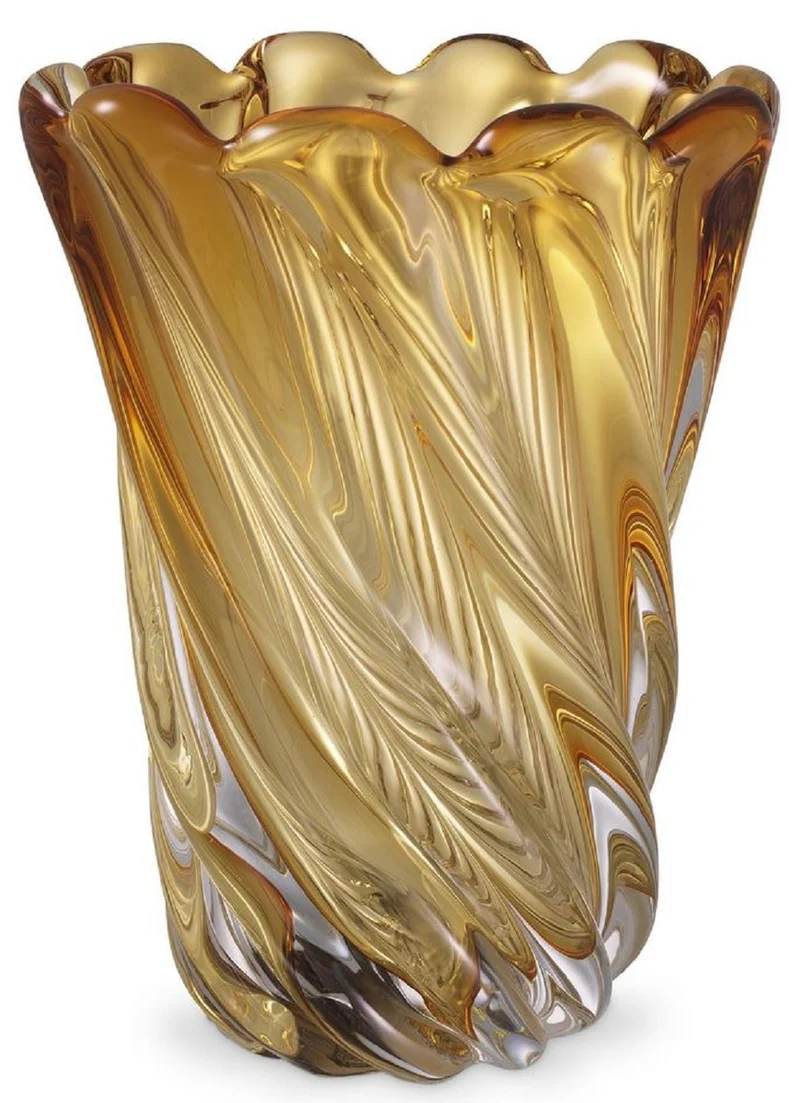 Casa Padrino Luxus Deko Glas Vase Gelb Ø 19,5 x H. 25,5 cm - Mundgeblasene Blumenvase - Luxus Deko Accessoires