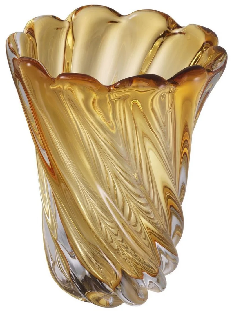 Casa Padrino Luxus Deko Glas Vase Gelb Ø 19,5 x H. 25,5 cm - Mundgeblasene Blumenvase - Luxus Deko Accessoires