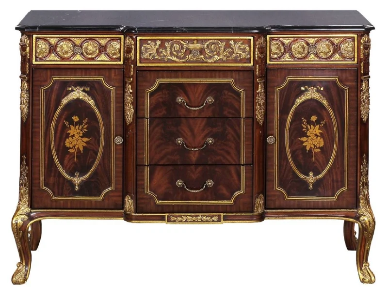 Casa Padrino Luxus Barock Massivholz Kommode mit Marmorplatte Dunkelbraun / Gold / Schwarz - Prunkvolle Barock Möbel