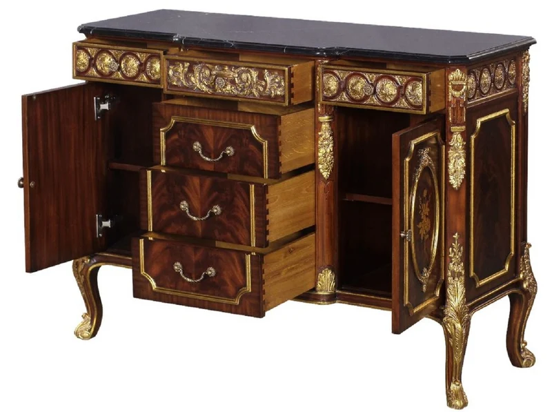 Casa Padrino Luxus Barock Massivholz Kommode mit Marmorplatte Dunkelbraun / Gold / Schwarz - Prunkvolle Barock Möbel