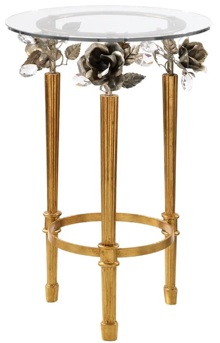Casa Padrino Luxus Jugendstil Beistelltisch Gold Ø 46 x H. 70 cm - Runder Tisch mit Glasplatte dekorativen Rosen und Swarovski Kristallglas - Barock & Jugendstil Wohnzimmer Möbel