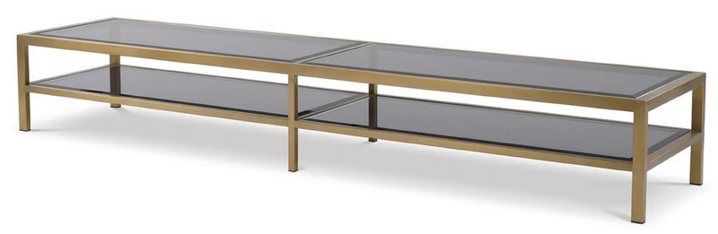 Casa Padrino Luxus TV Schrank Messingfarben / Grau 200 x 45 x H. 30 cm - Edelstahl Sideboard mit getönten Glasplatten - Luxus Wohnzimmer Möbel