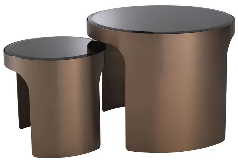 Casa Padrino Luxus Beistelltisch Set Kupferfarben / Schwarz - 2 runde Edelstahl Tische mit abgeschrägten Glasplatten - Luxus Wohnzimmer Möbel