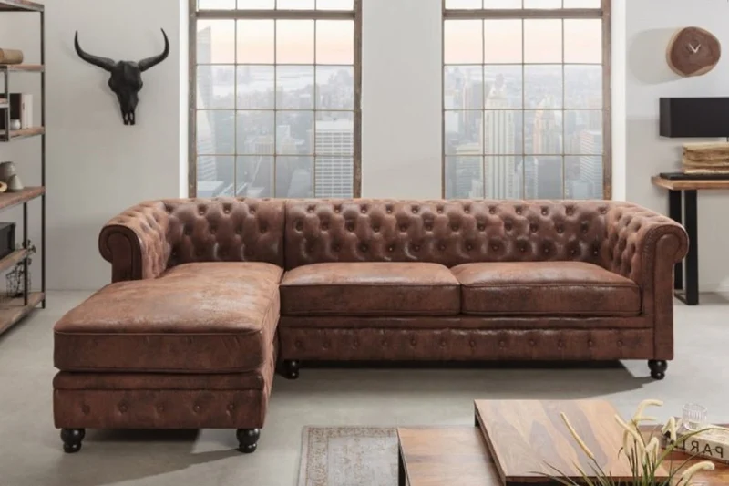 Casa Padrino Chesterfield Ecksofa Links Antik Braun - Microfaser Wohnzimmer Sofa - Chesterfield Wohnzimmer Möbel