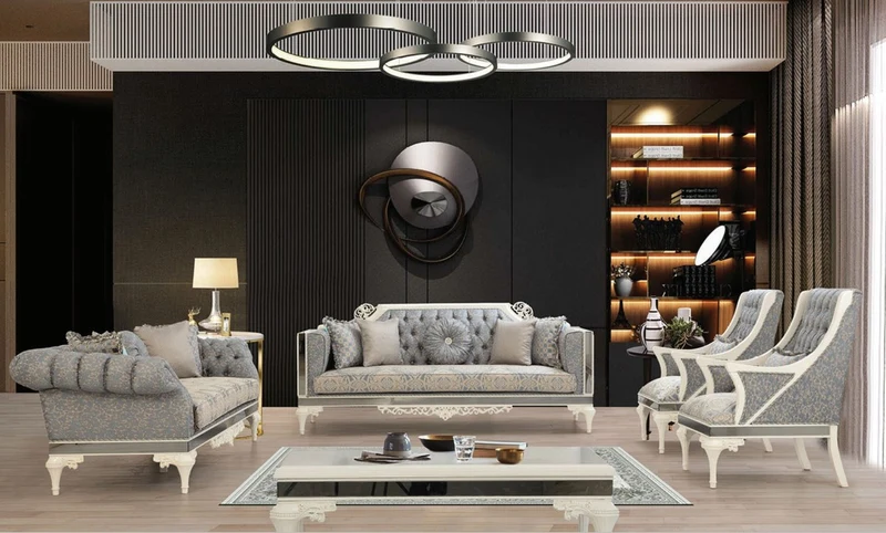 Casa Padrino Luxus Barock Wohnzimmer Set Grau / Beige / Weiß - 2 Sofas & 2 Sessel & 1 Couchtisch - Wohnzimmer Möbel im Barockstil - Edel & Prunkvoll