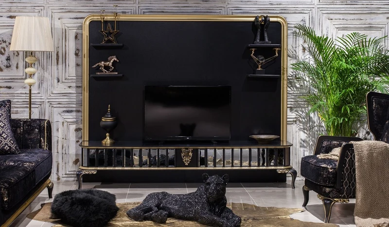 Casa Padrino Luxus Barock TV Schrank Schwarz / Gold - Prunkvolles Wohnzimmer Sideboard mit Rückwand - Barock Wohnzimmer Möbel