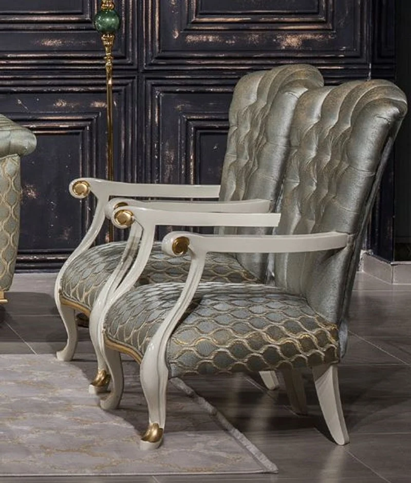 Casa Padrino Luxus Barock Sessel Türkis / Weiß / Gold - Eleganter Wohnzimmer Sessel mit Muster - Wohnzimmer Möbel im Barockstil