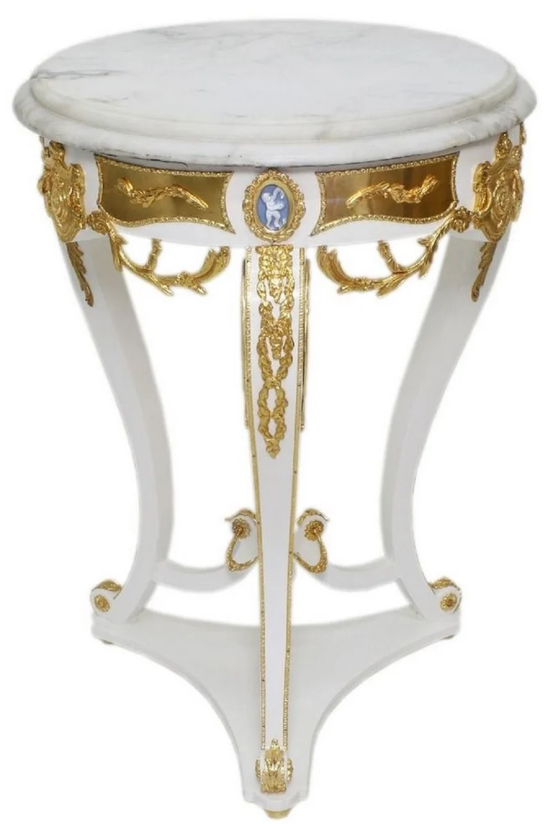 Casa Padrino Barock Beistelltisch Weiß / Gold - Runder Antik Stil Tisch mit Marmorplatte - Barock Wohnzimmer Möbel