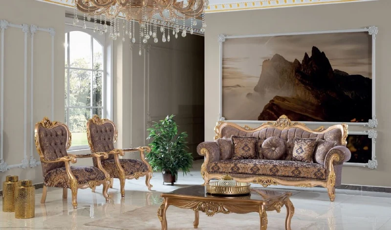 Casa Padrino Luxus Barock Sofa Lila / Grau / Gold 240 x 90 x H. 123 cm - Handgefertigtes Wohnzimmer Sofa mit elegantem Muster - Barock Wohnzimmer Möbel - Edel & Prunkvoll