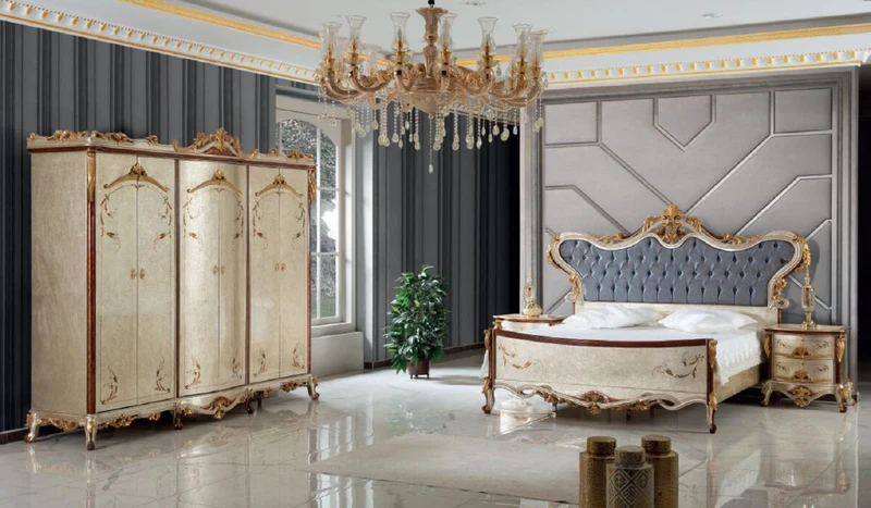 Casa Padrino Luxus Barock Schlafzimmer Set Blau / Silber - 1 Doppelbett mit Kopfteil & 2 Nachttische - Schlafzimmer Möbel im Barockstil - Edel & Prunkvoll