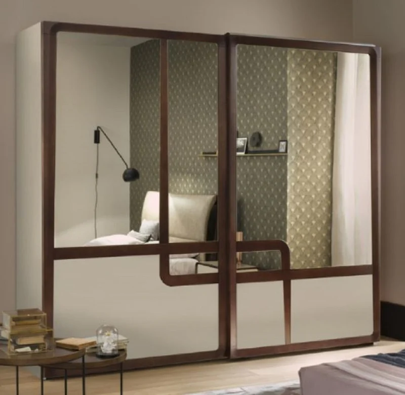 Casa Padrino Luxus Schlafzimmerschrank Weiß / Braun 295 x 67 x H. 250 cm - Edler Massivholz Kleiderschrank mit 2 Schiebetüren - Schlafzimmer Möbel - Luxus Qualität - Made in Italy
