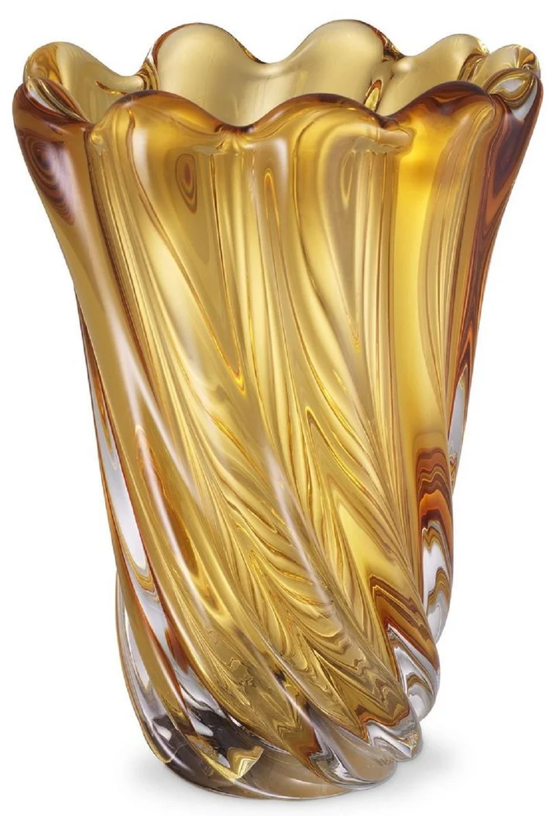 Casa Padrino Luxus Deko Glas Vase Gelb Ø 20,5 x H. 29 cm - Mundgeblasene Blumenvase - Luxus Deko Accessoires