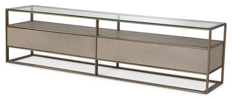 Casa Padrino Luxus Fernsehschrank 220 x 46 x H. 56,5 cm - Sideboard mit Glasplatte und 2 Schubladen - Luxus Wohnzimmer Möbel