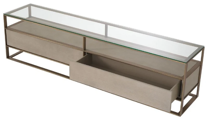Casa Padrino Luxus Fernsehschrank 220 x 46 x H. 56,5 cm - Sideboard mit Glasplatte und 2 Schubladen - Luxus Wohnzimmer Möbel