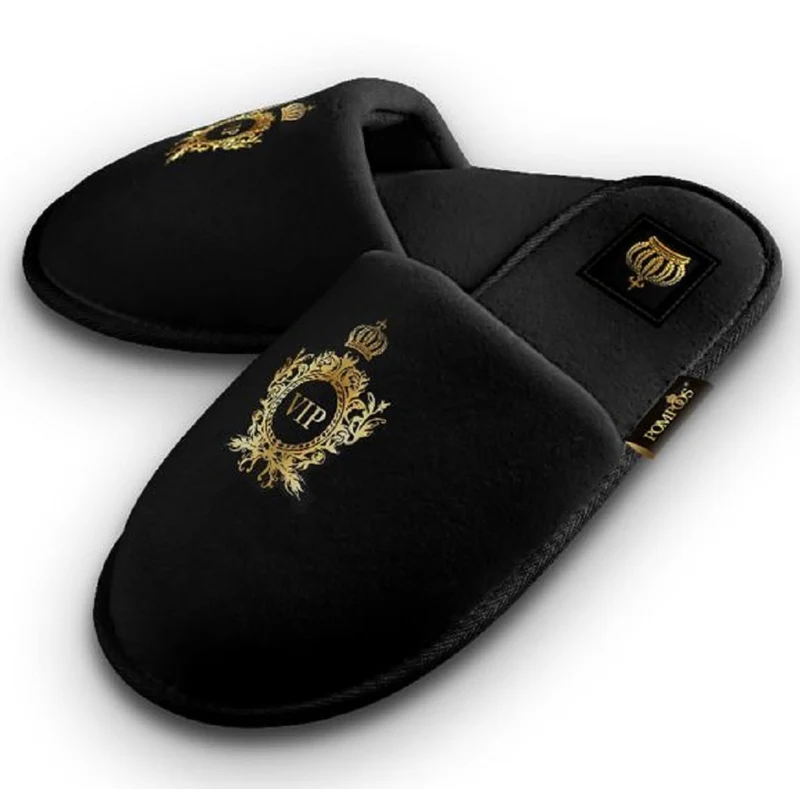 Pompöös by Casa Padrino Luxus Herren VIP Hotelslipper mit Krone Schwarz / Gold - designed by Harald Glööckler