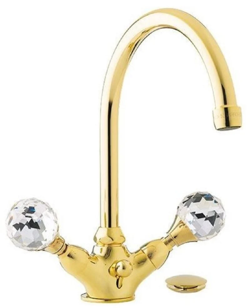 Casa Padrino Luxus Waschtisch Armatur mit Swarovski Kristallglas Gold H. 30 cm - Einlochbatterie mit Ablaufgarnitur - Luxus Bad Zubehör - Made in Italy