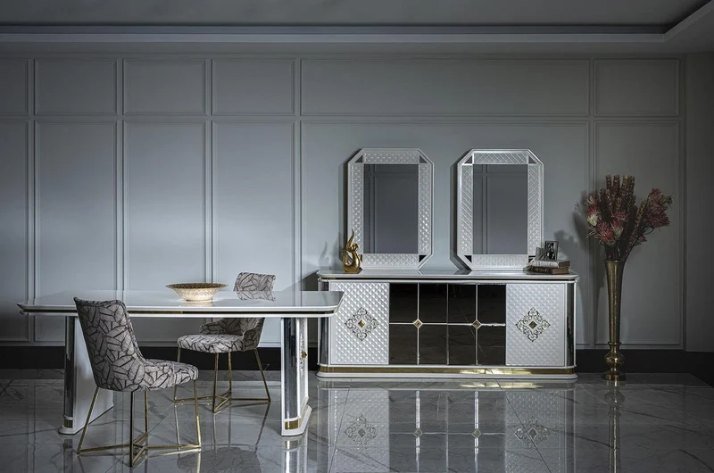 Casa Padrino Luxus Art Deco Esstisch Weiß / Gold - Handgefertigter Massivholz Küchentisch mit Spiegelglas - Art Deco Esszimmer Möbel