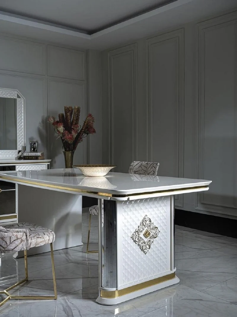 Casa Padrino Luxus Art Deco Esstisch Weiß / Gold - Handgefertigter Massivholz Küchentisch mit Spiegelglas - Art Deco Esszimmer Möbel