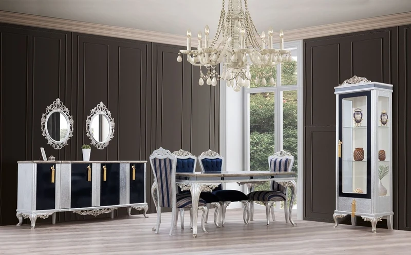 Casa Padrino Luxus Barock Esstisch Schwarz / Gold / Silber - Edler Massivholz Esszimmertisch mit Spiegelglas - Barock Esszimmer Möbel - Edel & Prunkvoll