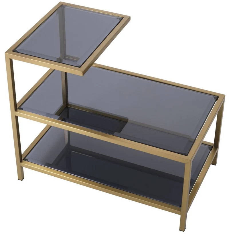 Casa Padrino Luxus Beistelltisch Messingfarben / Grau 70 x 42 x H. 60 cm - Edelstahl Tisch mit getönten Glasplatten - Luxus Wohnzimmer Möbel
