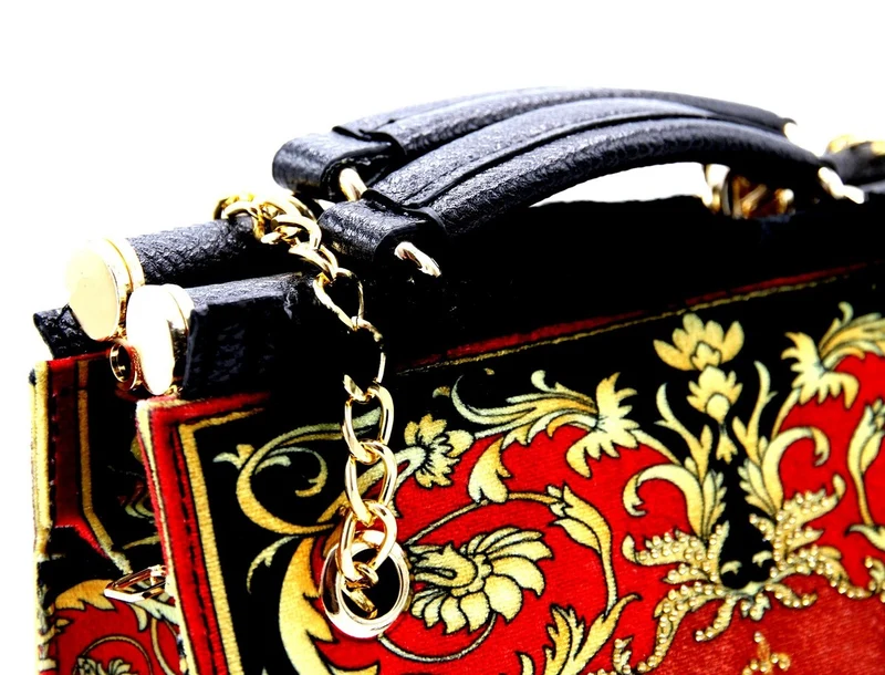 Pompöös by Casa Padrino Luxus Damen Handtasche Baroque Flowers mit Krone und Strass Steine Bordeauxrot / Schwarz / Gold 25 x H. 20 cm - designed by Harald Glööckler