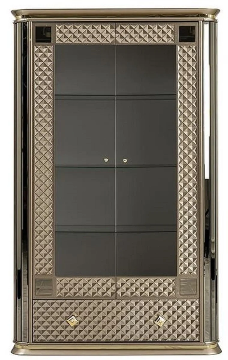 Casa Padrino Luxus Art Deco Vitrine Beige / Gold - Handgefertigter Massivholz Vitrinenschrank mit 2 Türen und Schublade - Edle Art Deco Möbel