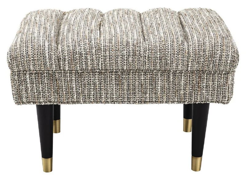 Casa Padrino Luxus Sitzbank Beige / Schwarz / Messingfarben 68 x 50 x H. 45 cm - Gepolsterte Massivholz Bank - Wohnzimmer Möbel - Hotel Möbel - Luxus Kollektion