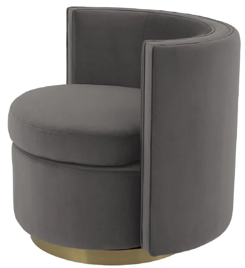 Casa Padrino Luxus Drehsessel Grau / Matt Gold 80 x 73 x H. 71,5 cm - Gepolsteter Wohnzimmer Sessel mit edlem Samtstoff - Luxus Möbel