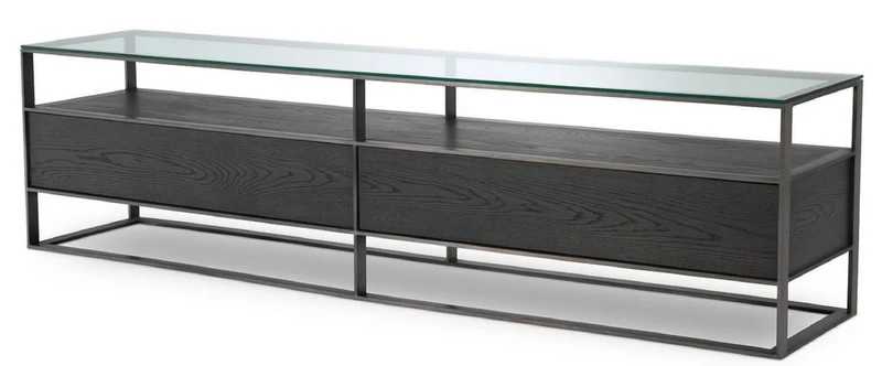 Casa Padrino Luxus Fernsehschrank Grau / Schwarz 220 x 46 x H. 56,5 cm - Sideboard mit Glasplatte und 2 Schubladen - Luxus Wohnzimmer Möbel