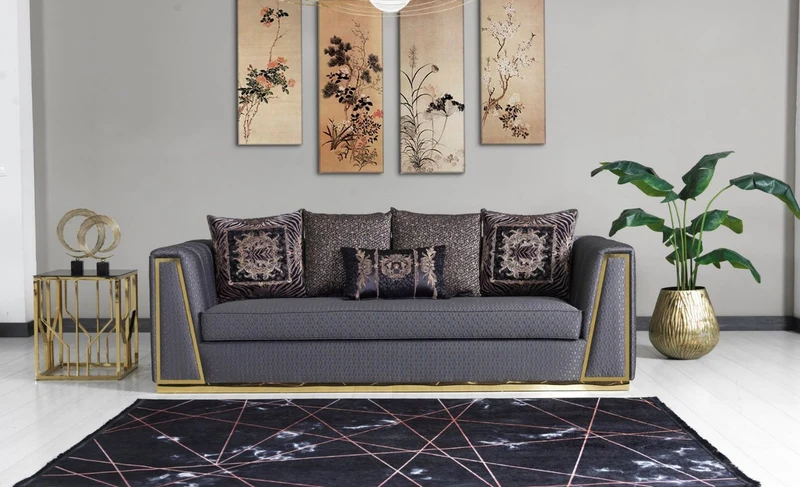 Casa Padrino Luxus Wohnzimmer Sofa mit dekorativen Kissen Lila / Gold 240 x 92 x H. 78 cm - Luxus Wohnzimmer Möbel