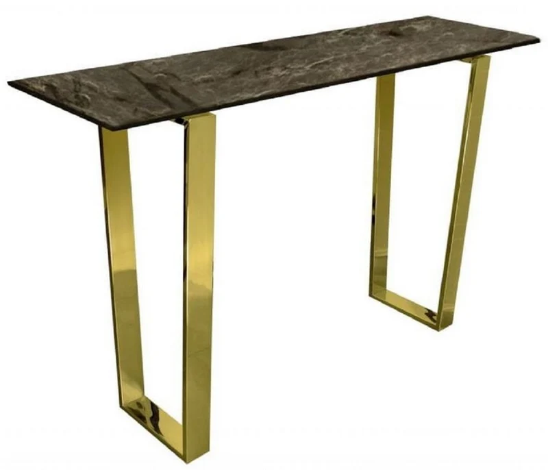 Casa Padrino Luxus Konsole Braun / Gold 122 x 36 x H. 76 cm - Moderner Konsolentisch mit synthetischer Marmorplatte und Stahlbeinen - Wohnzimmer Möbel