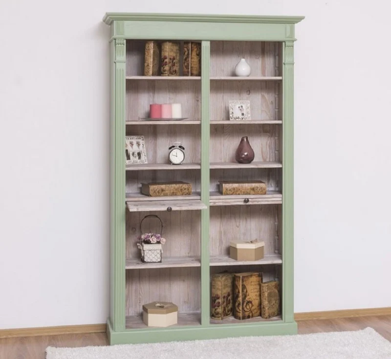 Casa Padrino Landhausstil Bücherschrank Grün / Naturfarben 120 x 37 x H. 197 cm - Massivholz Schrank - Regalschrank - Wohnzimmerschrank - Landhausstil Möbel