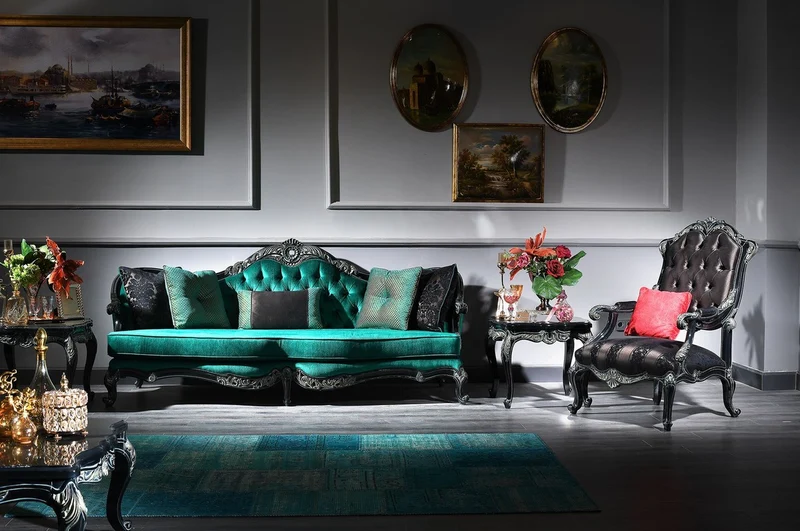 Casa Padrino Luxus Barock Sessel Schwarz / Grün / Gold - Prunkvoller Wohnzimmer Sessel mit elegantem Muster - Barock Wohnzimmer Möbel