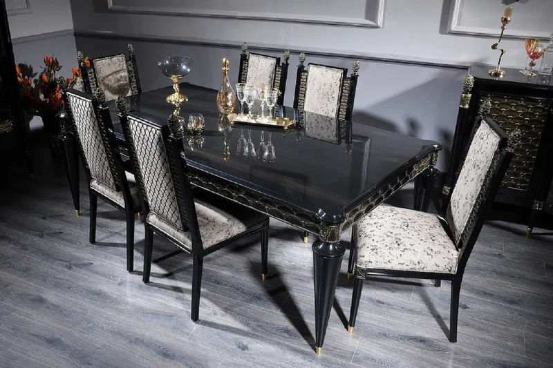 Casa Padrino Luxus Barock Esstisch Schwarz / Gold - Handgefertigter Massivholz Esszimmertisch - Barock Esszimmer Möbel - Edel & Prunkvoll