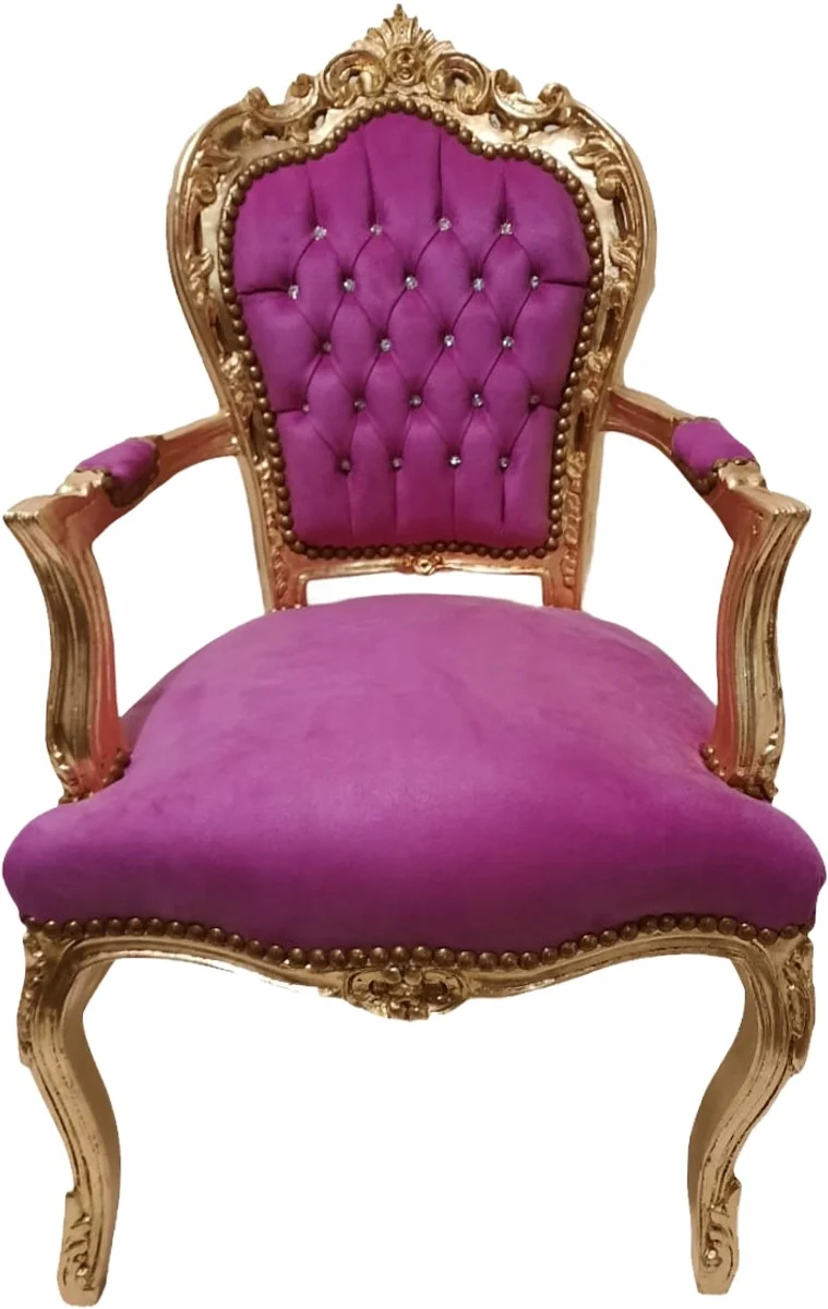 Casa Padrino Barock Esszimmer Stuhl Rosa / Gold mit Bling Bling Glitzersteinen - Antik Stil Möbel