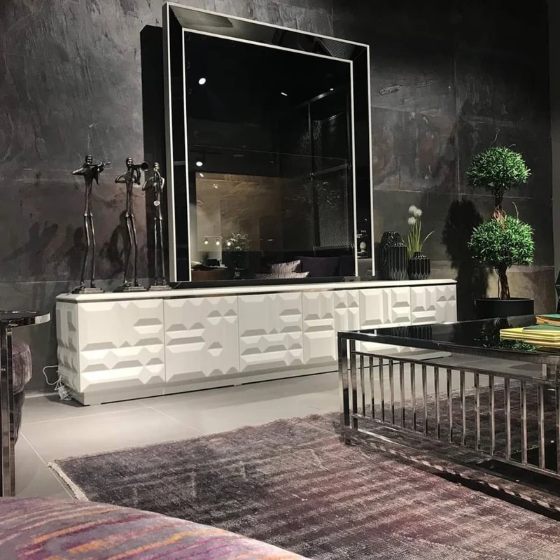 Casa Padrino Luxus TV Schrank Weiß / Silber 270 x 45 x H. 45 cm - Edles Massivholz Sideboard mit 6 Türen - Luxus Möbel - Luxus Qualität