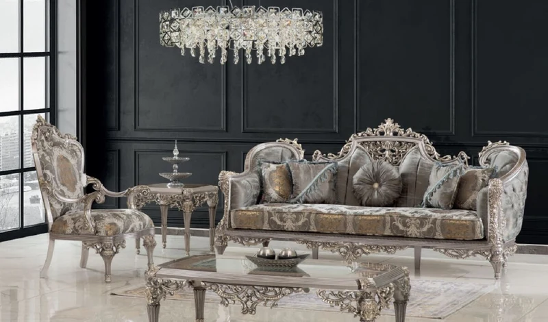 Casa Padrino Luxus Barock Sofa Grau / Silber / Gold 240 x 90 x H. 120 cm - Prunkvolles Wohnzimmer Sofa mit elegantem Muster - Möbel im Barockstil
