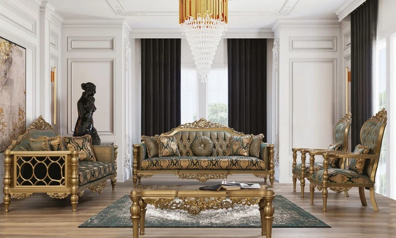 Casa Padrino Luxus Barock Sofa Grün / Gold - Prunkvolles Wohnzimmer Sofa mit elegantem Muster und dekorativen Kissen - Barock Wohnzimmer Möbel